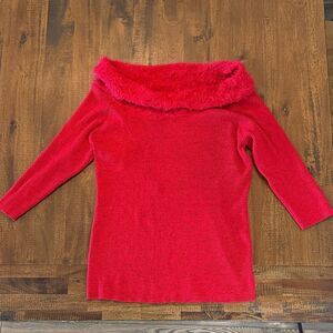 NY Collection Red-sweater with Fuzzy Collar